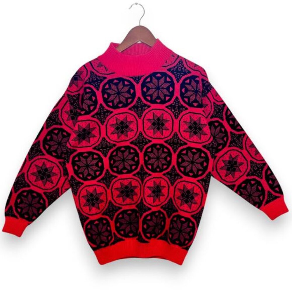 VTG 80s Andrew St John Large Red Pattern Holiday Snowflake Mock Sweater Oversize